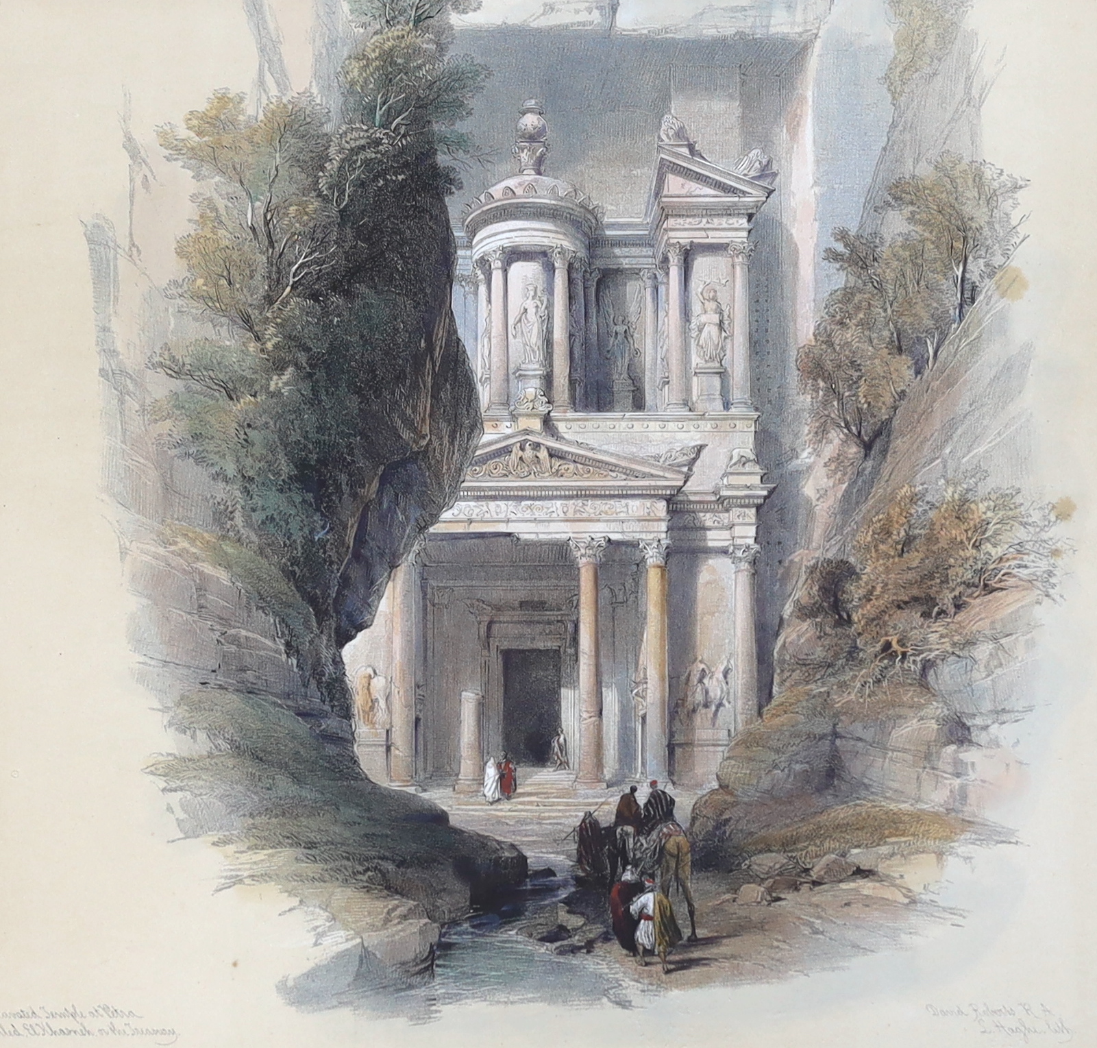 David Roberts (Scottish, 1796-1864), colour lithograph, 'Excavated temple at Petra, El Khasne or the Treasury', 29 x 29cm